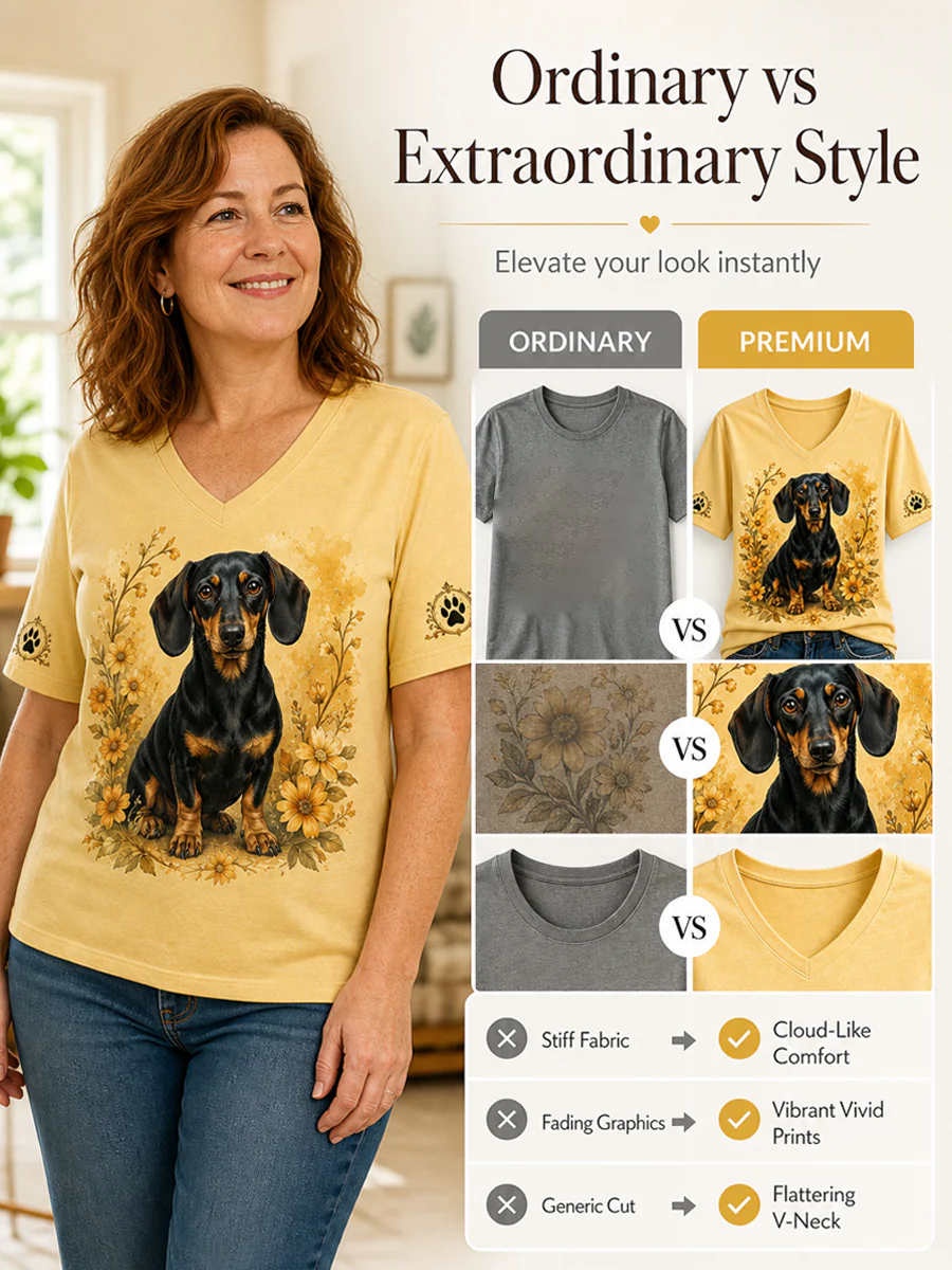 Women's Retro Dog Print Casual V-Neck Tee - Image 4