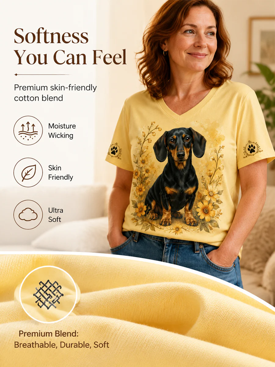 Women's Retro Dog Print Casual V-Neck Tee - Image 5