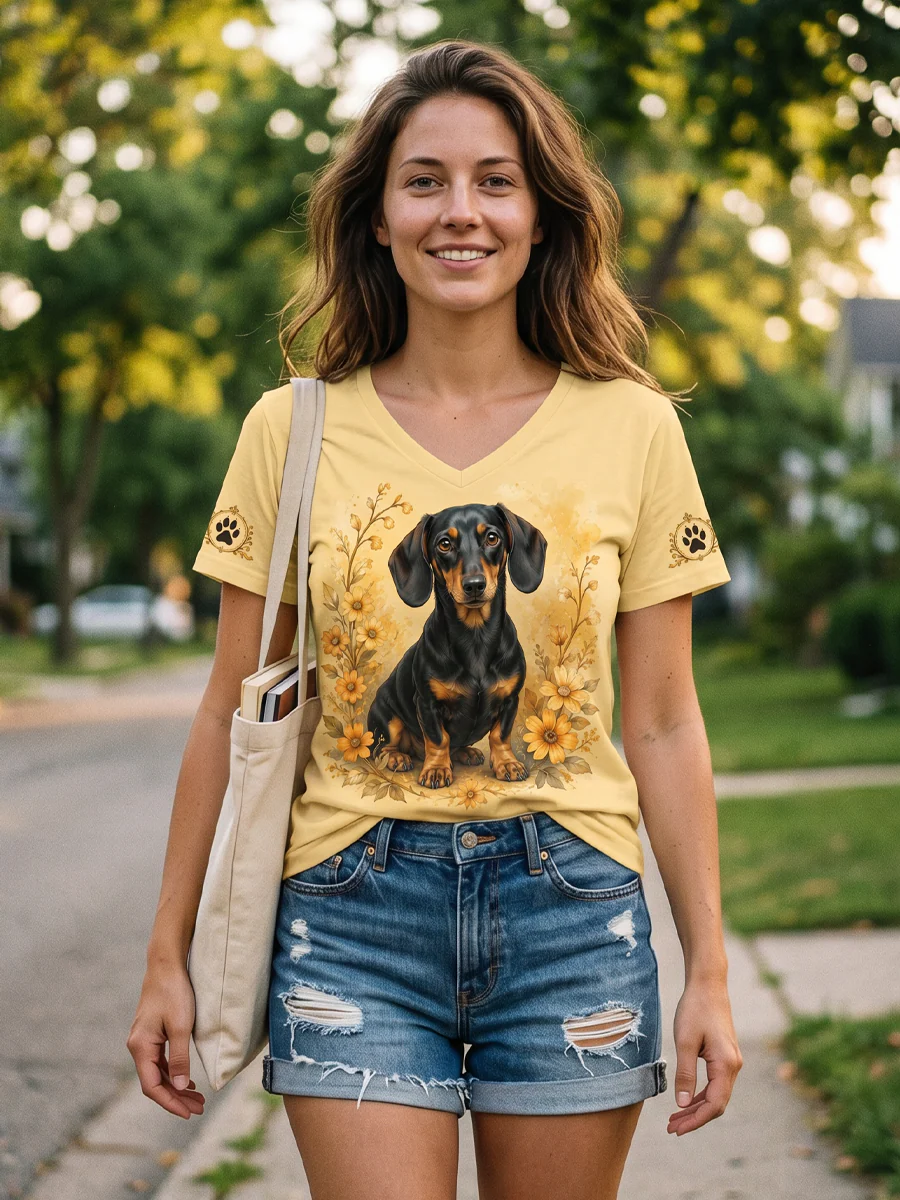 Women's Retro Dog Print Casual V-Neck Tee - Image 7