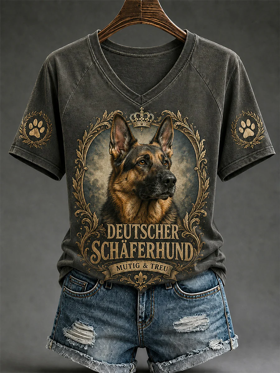 Women's Retro Dog Print Casual V-Neck Tee