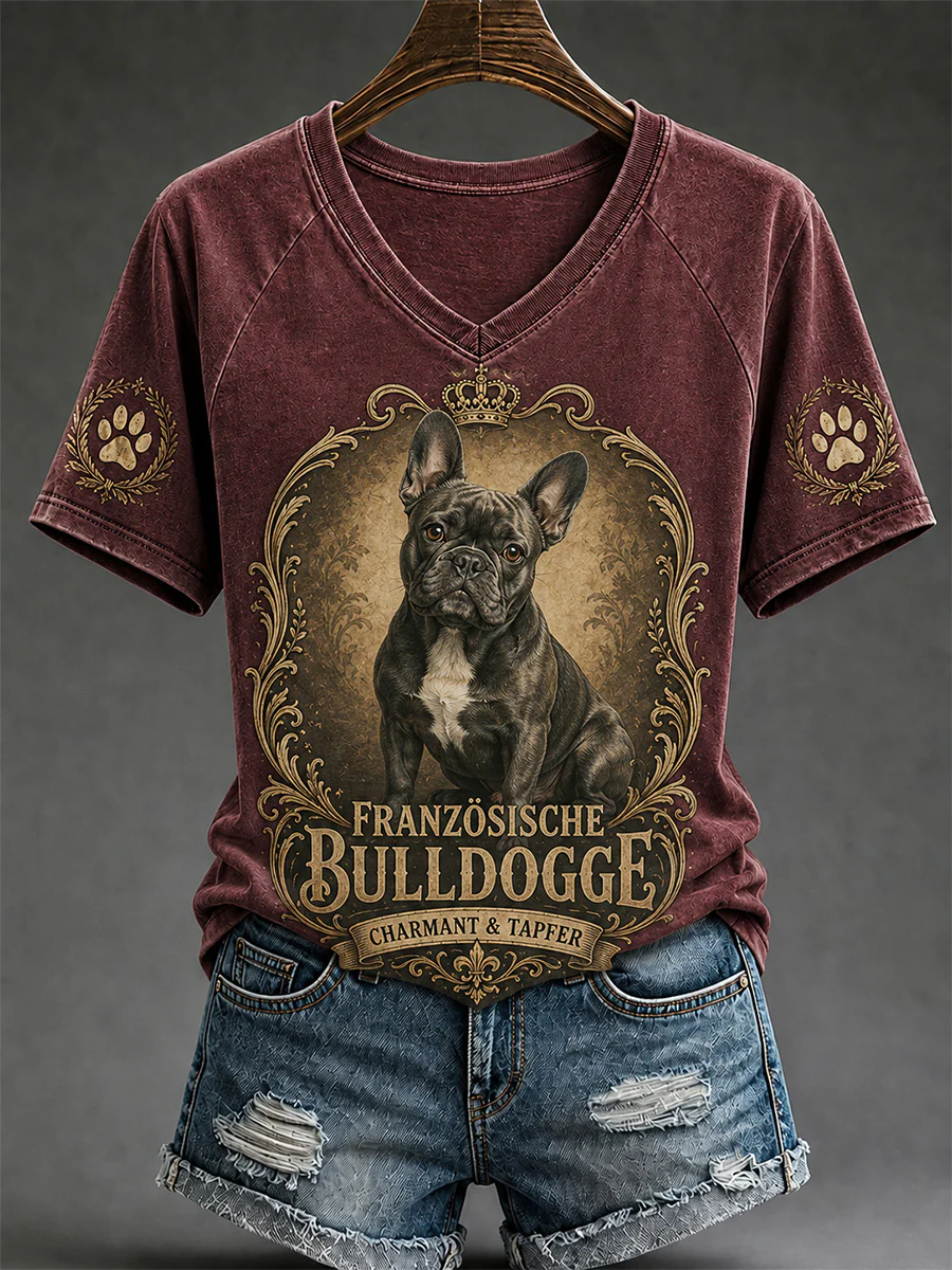 Women's Retro Dog Print Casual V-Neck Tee