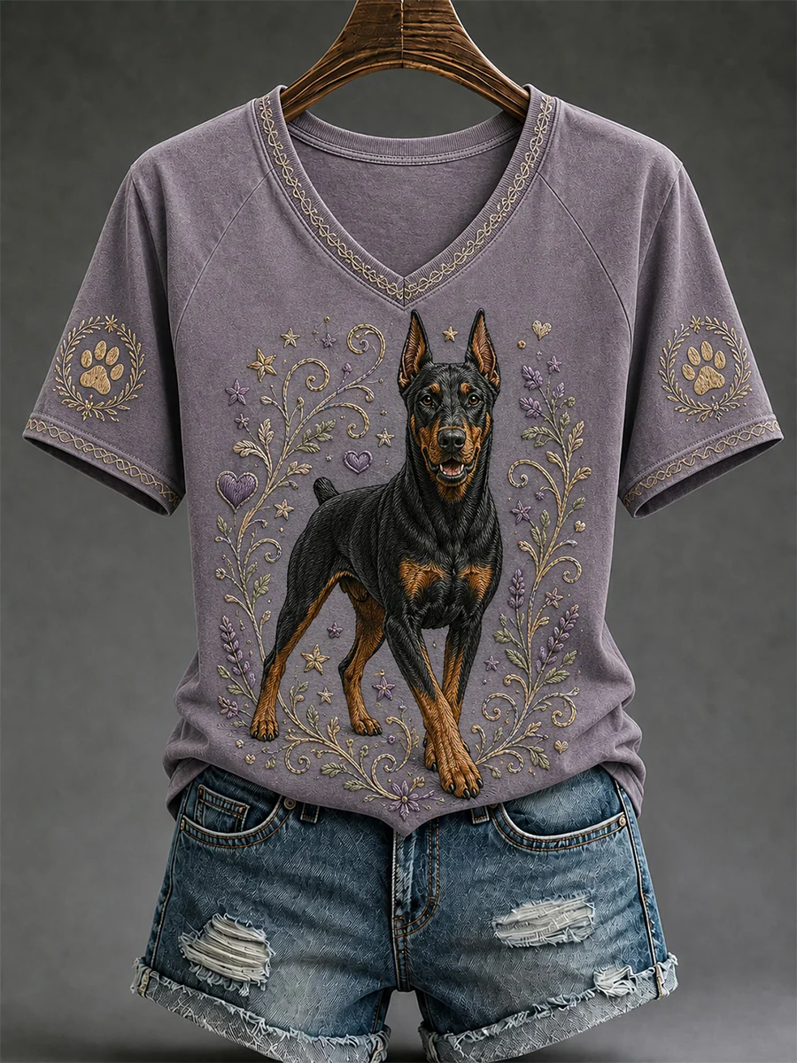 Women's Retro Dog Print Casual V-Neck Tee