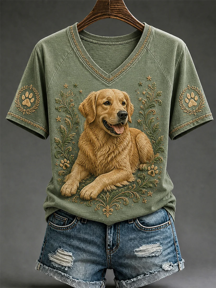 Women's Retro Dog Print Casual V-Neck Tee