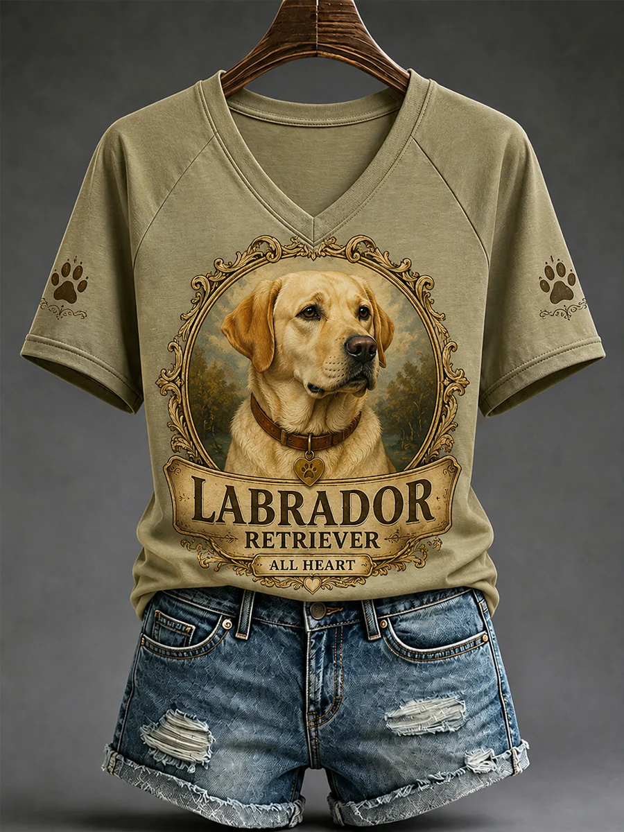 Women's Retro Dog Print Casual V-Neck Tee