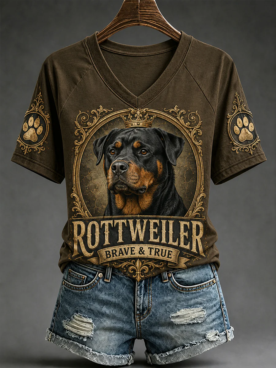 Women's Retro Dog Print Casual V-Neck Tee