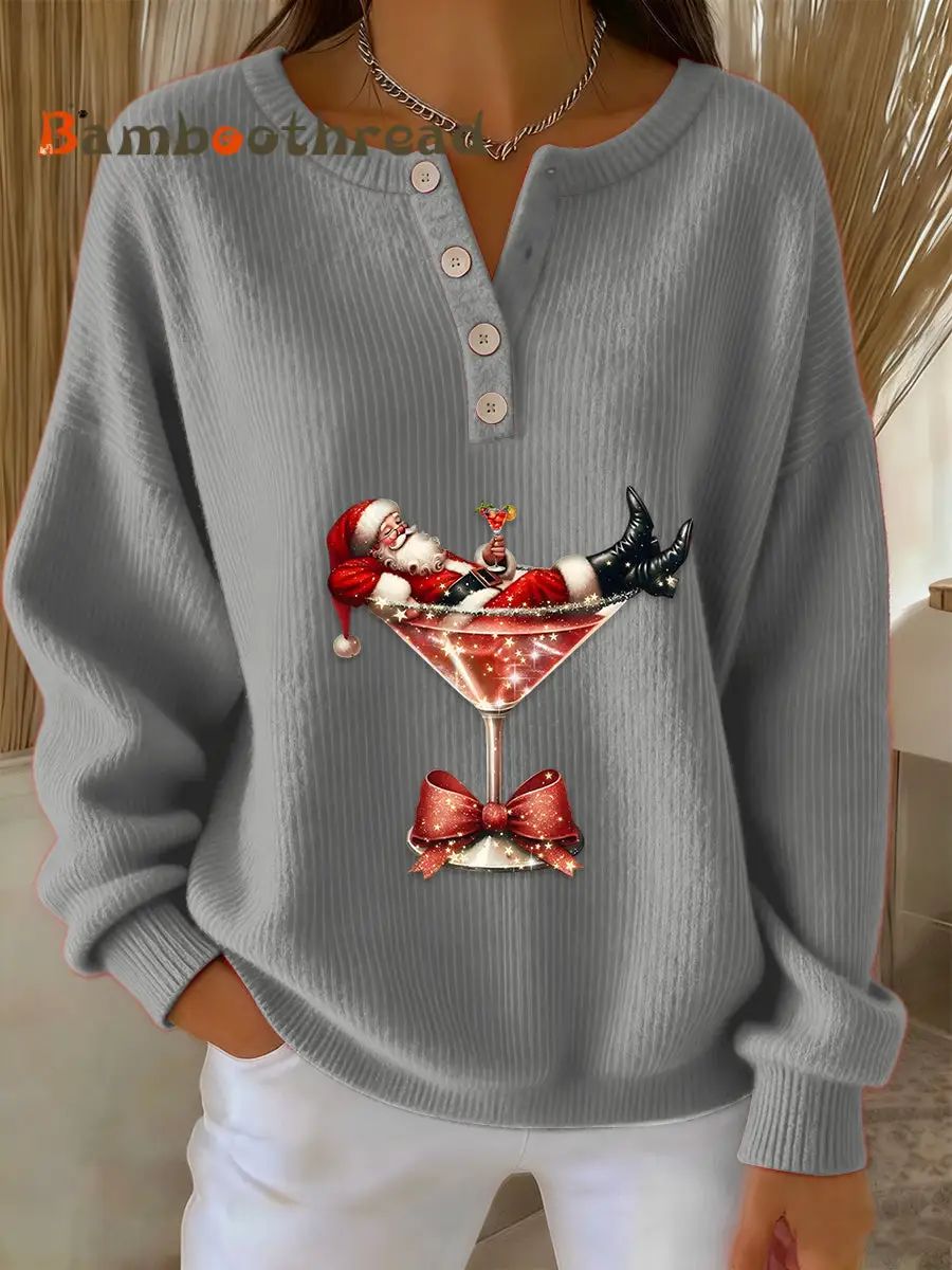 Women's Retro Faith The Santa Claus Cocktail Print Long-sleeve Sweater - Image 3