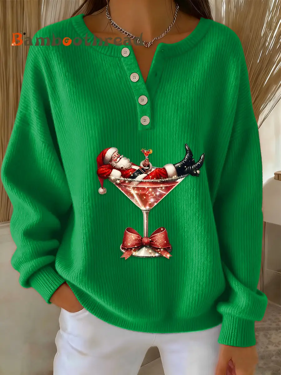 Women's Retro Faith The Santa Claus Cocktail Print Long-sleeve Sweater - Image 5