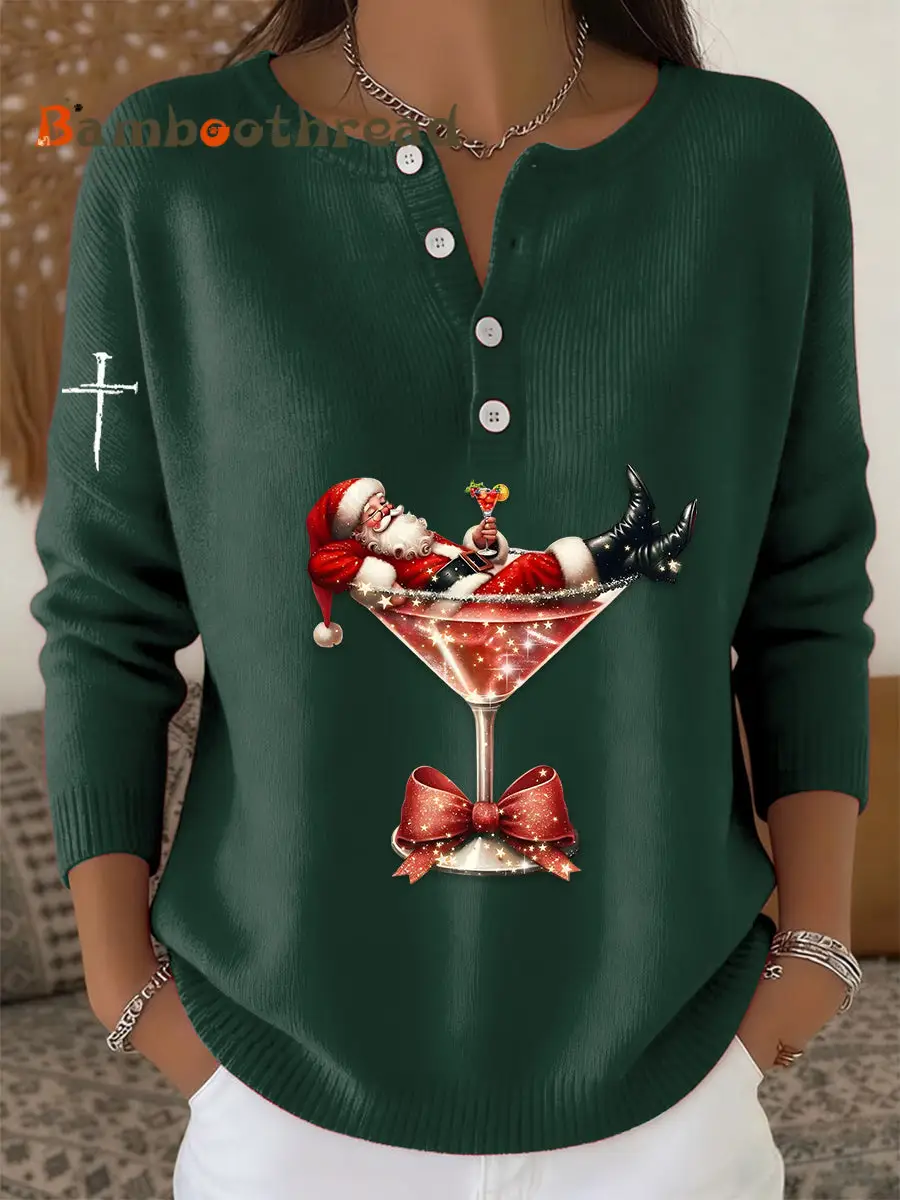 Women's Retro Faith The Santa Claus Cocktail Print Long-sleeve Sweater - Image 3