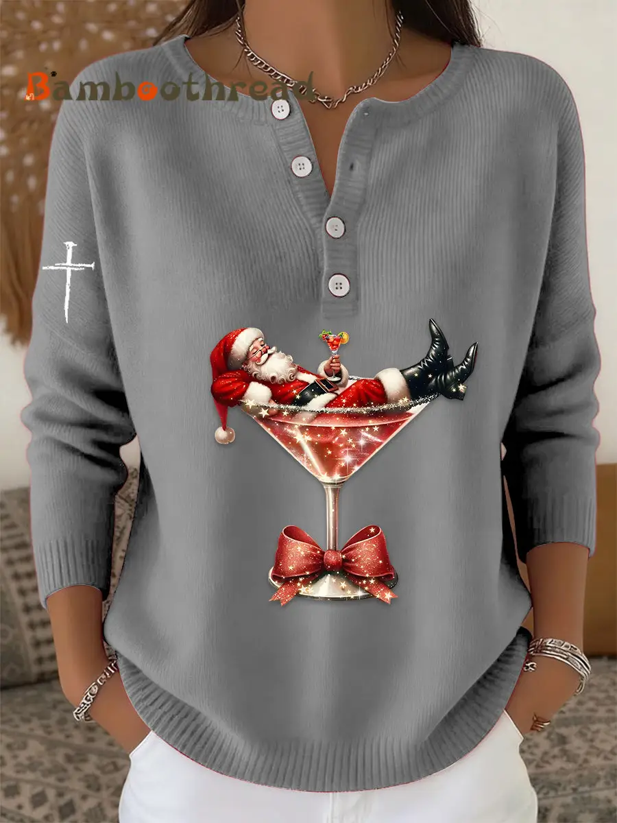 Women's Retro Faith The Santa Claus Cocktail Print Long-sleeve Sweater - Image 4