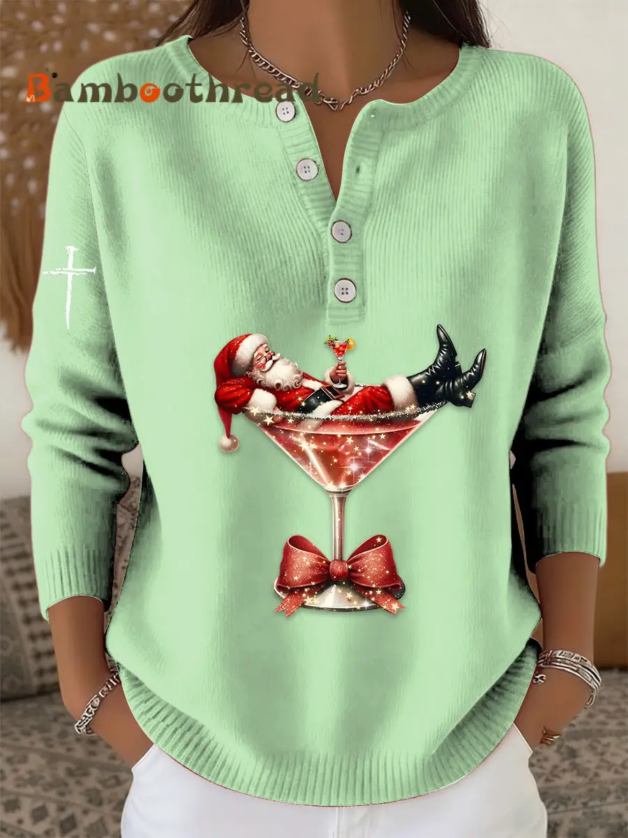 Women's Retro Faith The Santa Claus Cocktail Print Long-sleeve Sweater - Image 5