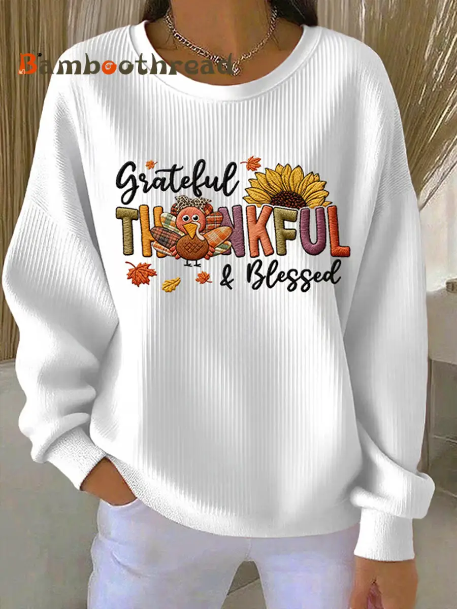 Women's Retro Thanksgiving GOBBLE Print Ribbed Round-Neck Sweatshirt - Image 2
