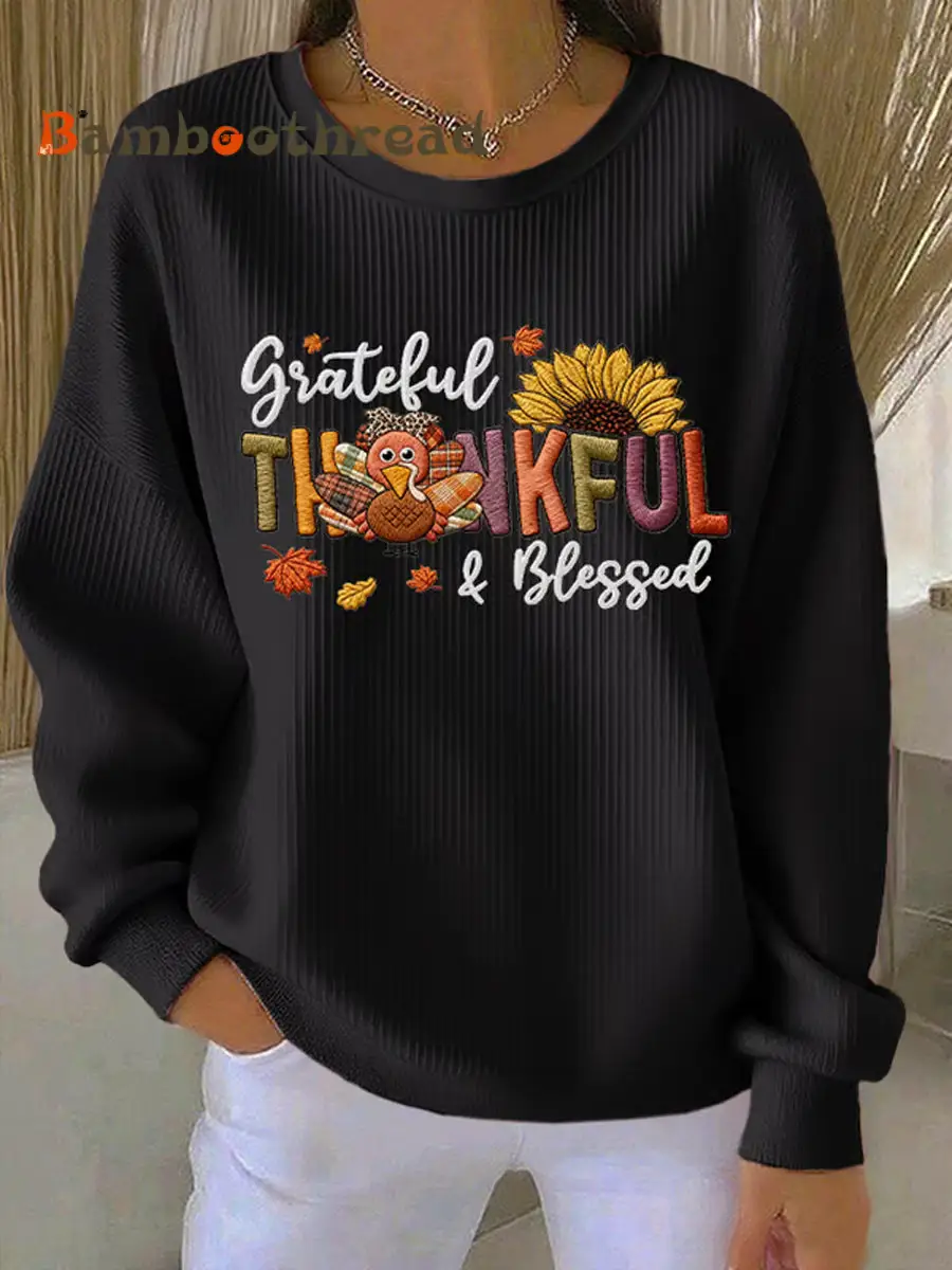 Women's Retro Thanksgiving GOBBLE Print Ribbed Round-Neck Sweatshirt - Image 3