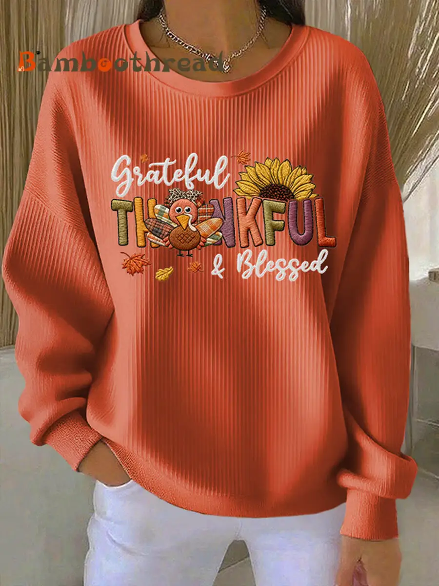 Women's Retro Thanksgiving GOBBLE Print Ribbed Round-Neck Sweatshirt - Image 4