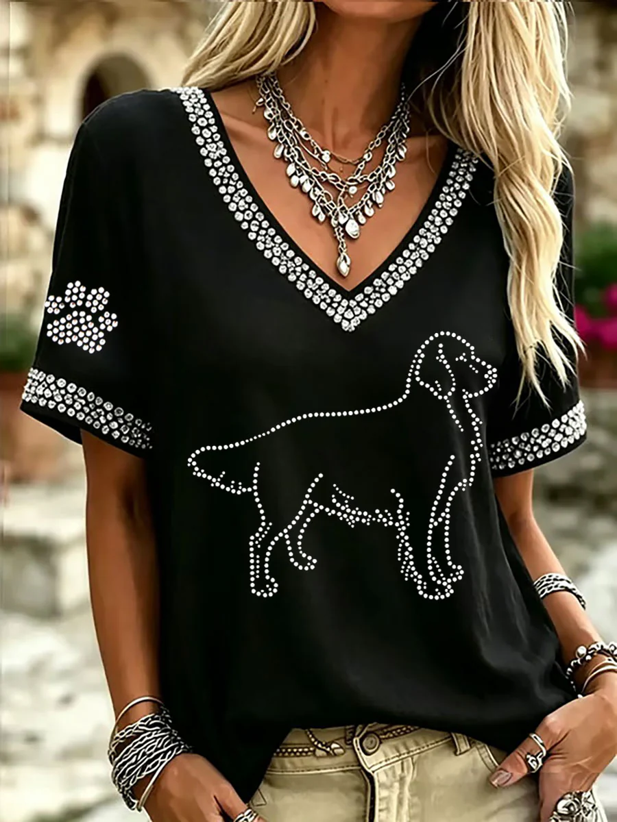 Women's Rhinestone Golden Retriever Casual T-Shirt