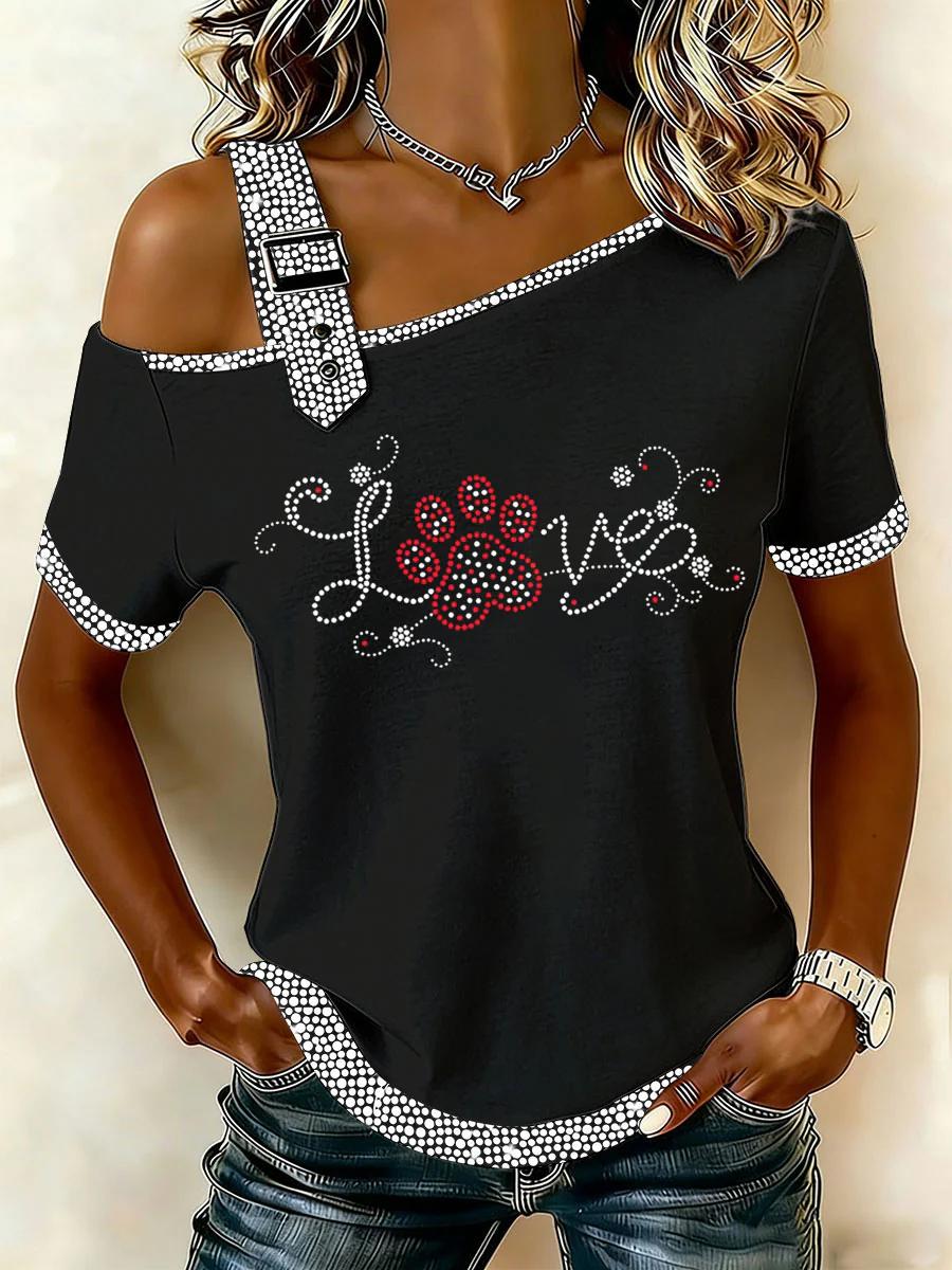 Women's Rhinestone Paw Print Casual T-Shirt