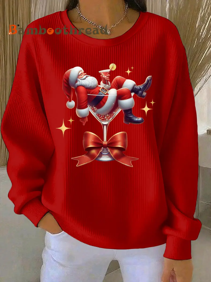 Women's Santa Claus and wine glass Print Ribbed Round-Neck Sweatshirt