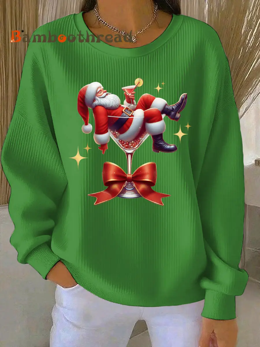 Women's Santa Claus and wine glass Print Ribbed Round-Neck Sweatshirt - Image 2