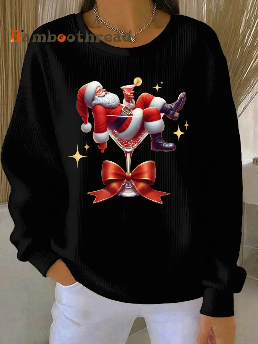 Women's Santa Claus and wine glass Print Ribbed Round-Neck Sweatshirt - Image 3