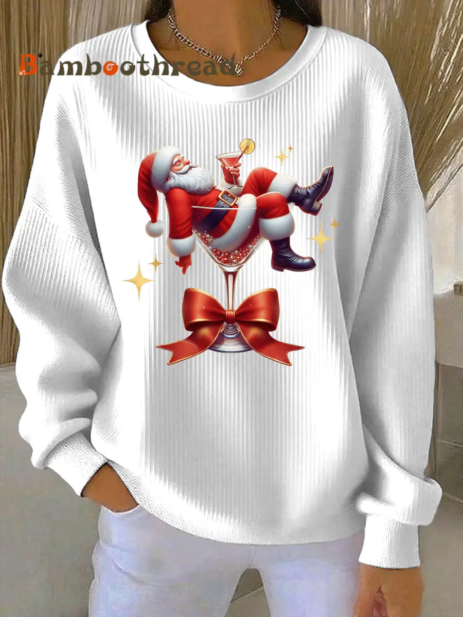 Women's Santa Claus and wine glass Print Ribbed Round-Neck Sweatshirt - Image 4