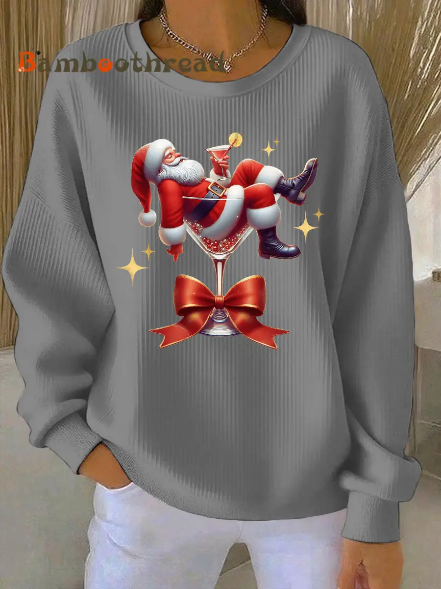 Women's Santa Claus and wine glass Print Ribbed Round-Neck Sweatshirt - Image 5