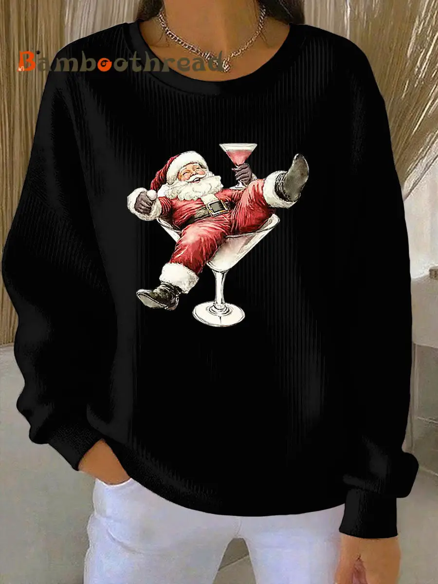 Women's Santa Claus and wine glass Print Ribbed Round-Neck Sweatshirt - Image 3