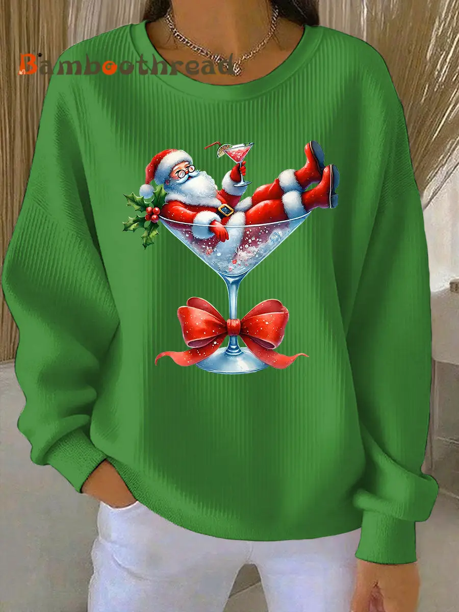 Women's Santa Claus and wine glass Print Ribbed Round-Neck Sweatshirt - Image 2