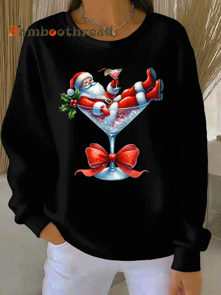 Women's Santa Claus and wine glass Print Ribbed Round-Neck Sweatshirt - Image 3