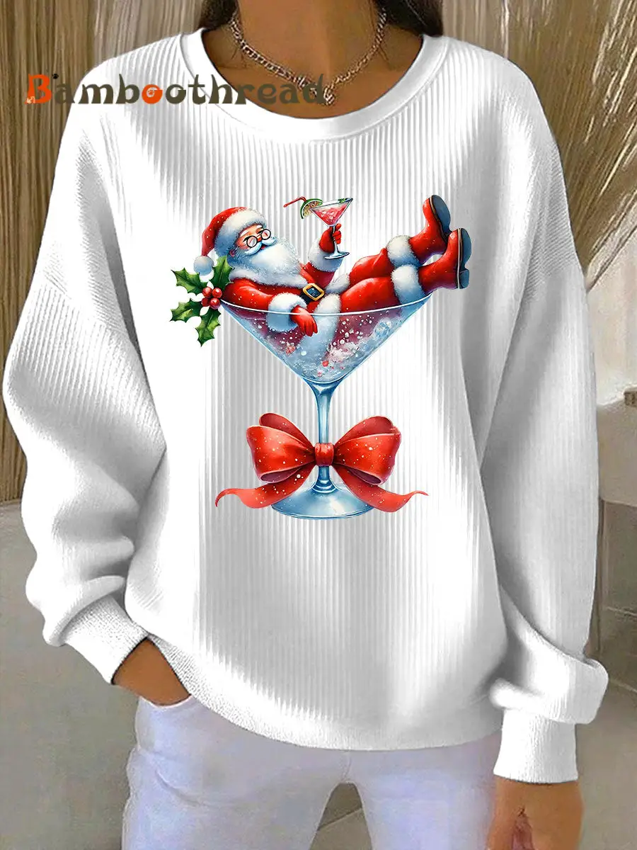 Women's Santa Claus and wine glass Print Ribbed Round-Neck Sweatshirt - Image 4