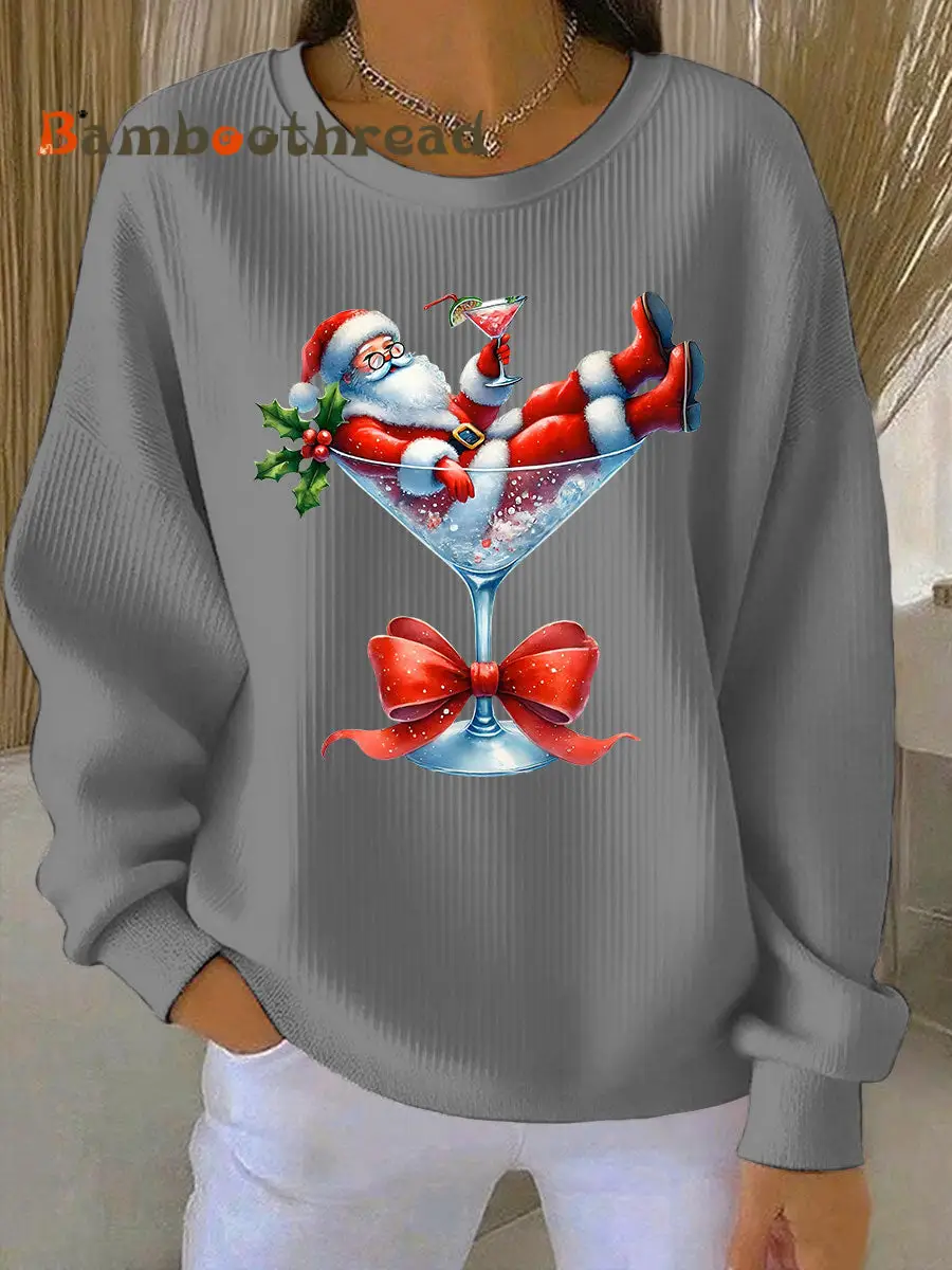 Women's Santa Claus and wine glass Print Ribbed Round-Neck Sweatshirt - Image 5