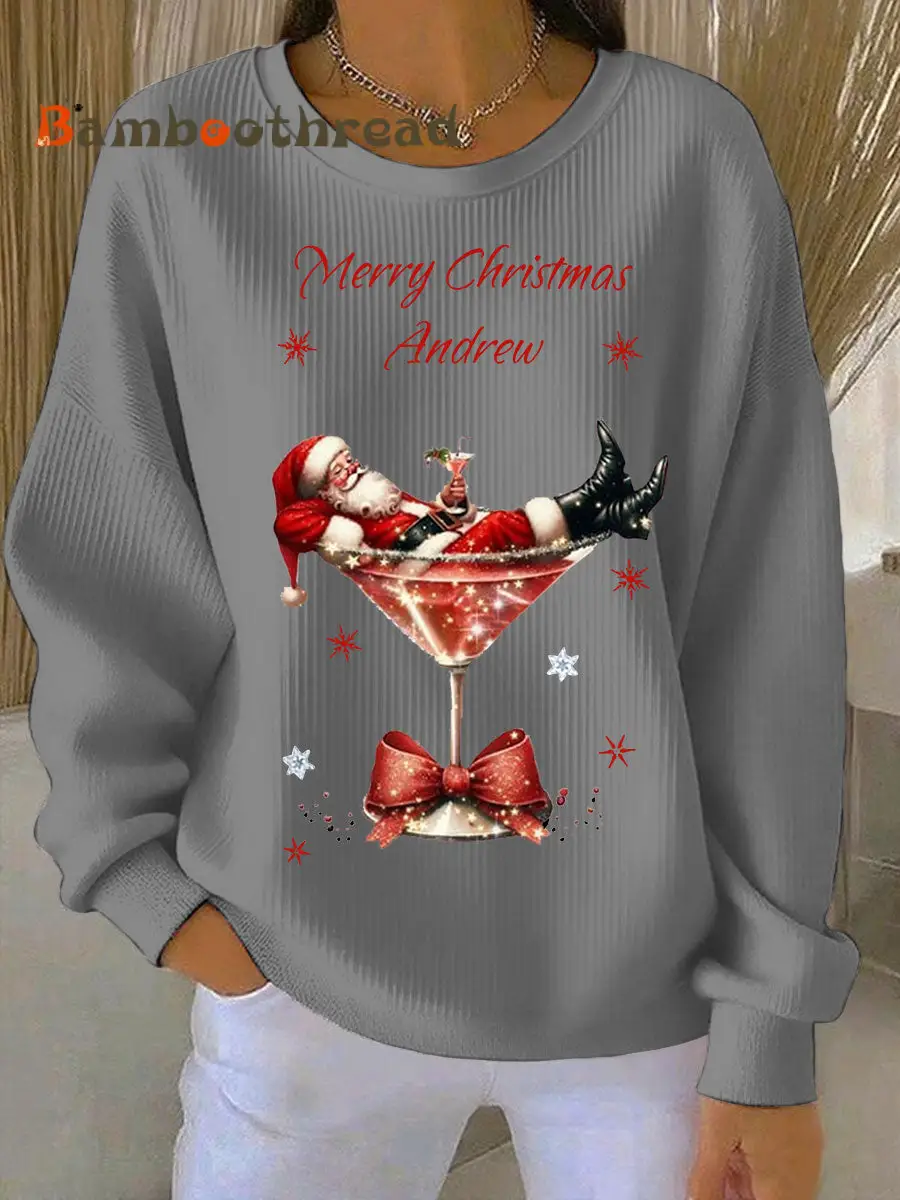 Women's Santa Claus and wine glass Print Ribbed Round-Neck Sweatshirt - Image 5