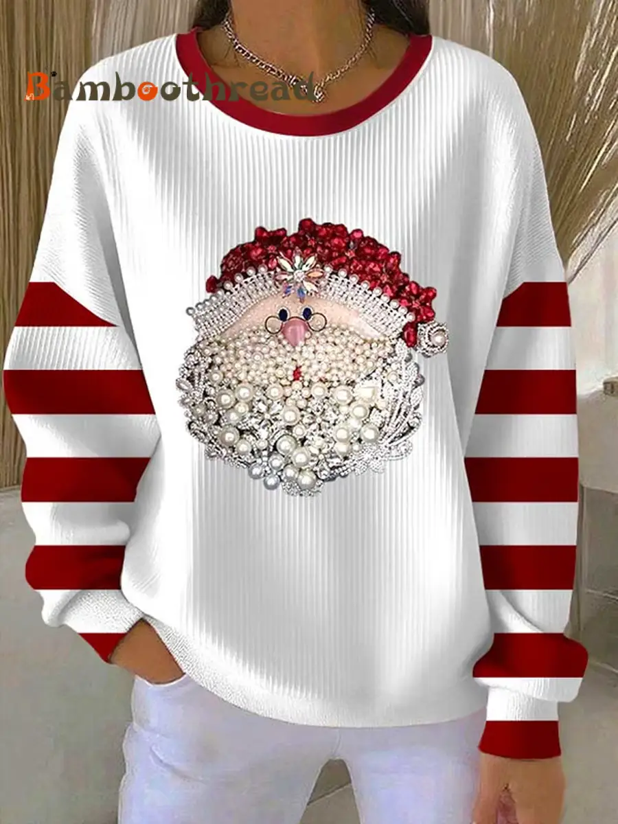Women's Santa Claus Printed Ribbed Round-Neck Sweatshirt - Image 2