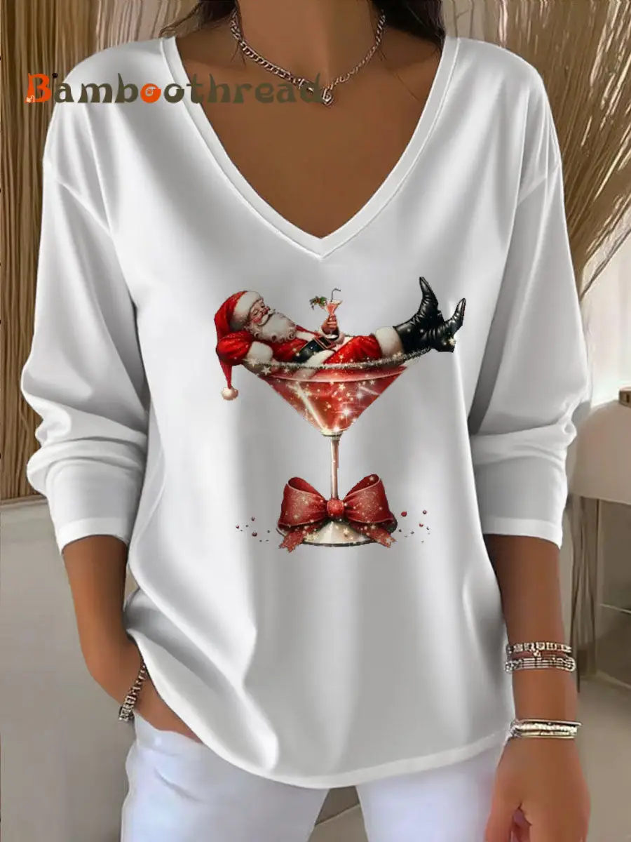 Women's Santa Claus Printed V-Neck T-Shirt - Image 3
