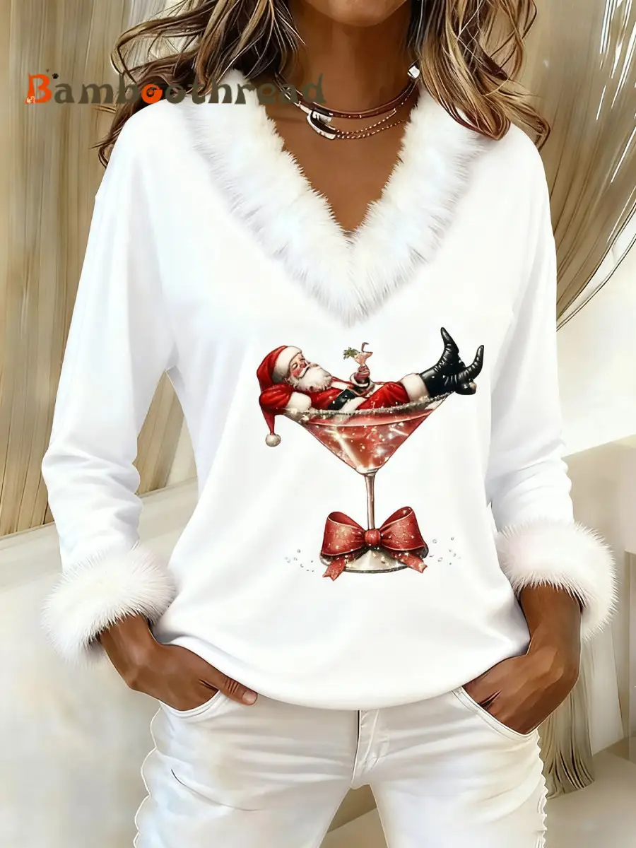 Women's Santa Claus sitting on a red wine glass printed fur collar top - Image 3