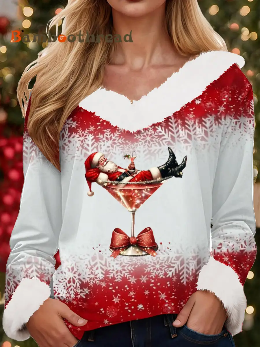 Women's Santa Claus sitting on a red wine glass with a printed fur collar top