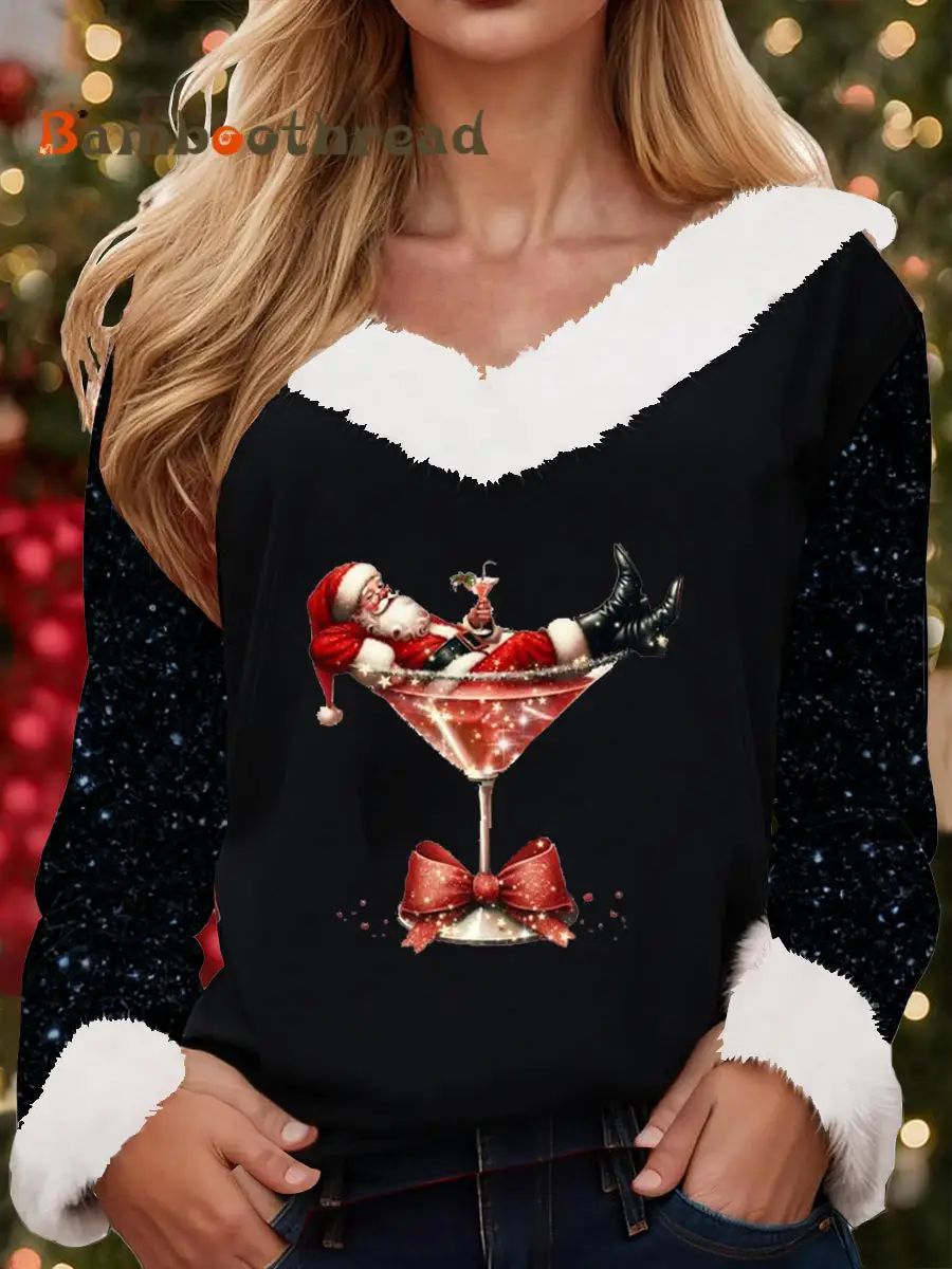 Women's Santa Claus sitting on a red wine glass with a printed fur collar top - Image 2
