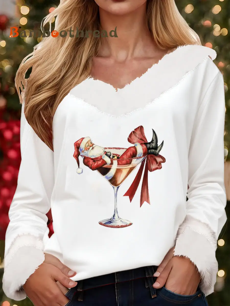 Women's Santa Claus sitting on a red wine glass with a printed fur collar top - Image 4