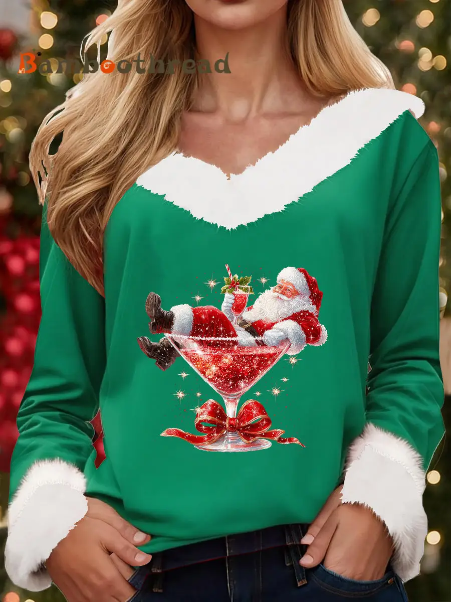 Women's Santa Claus sitting on a red wine glass with a printed fur collar top - Image 3