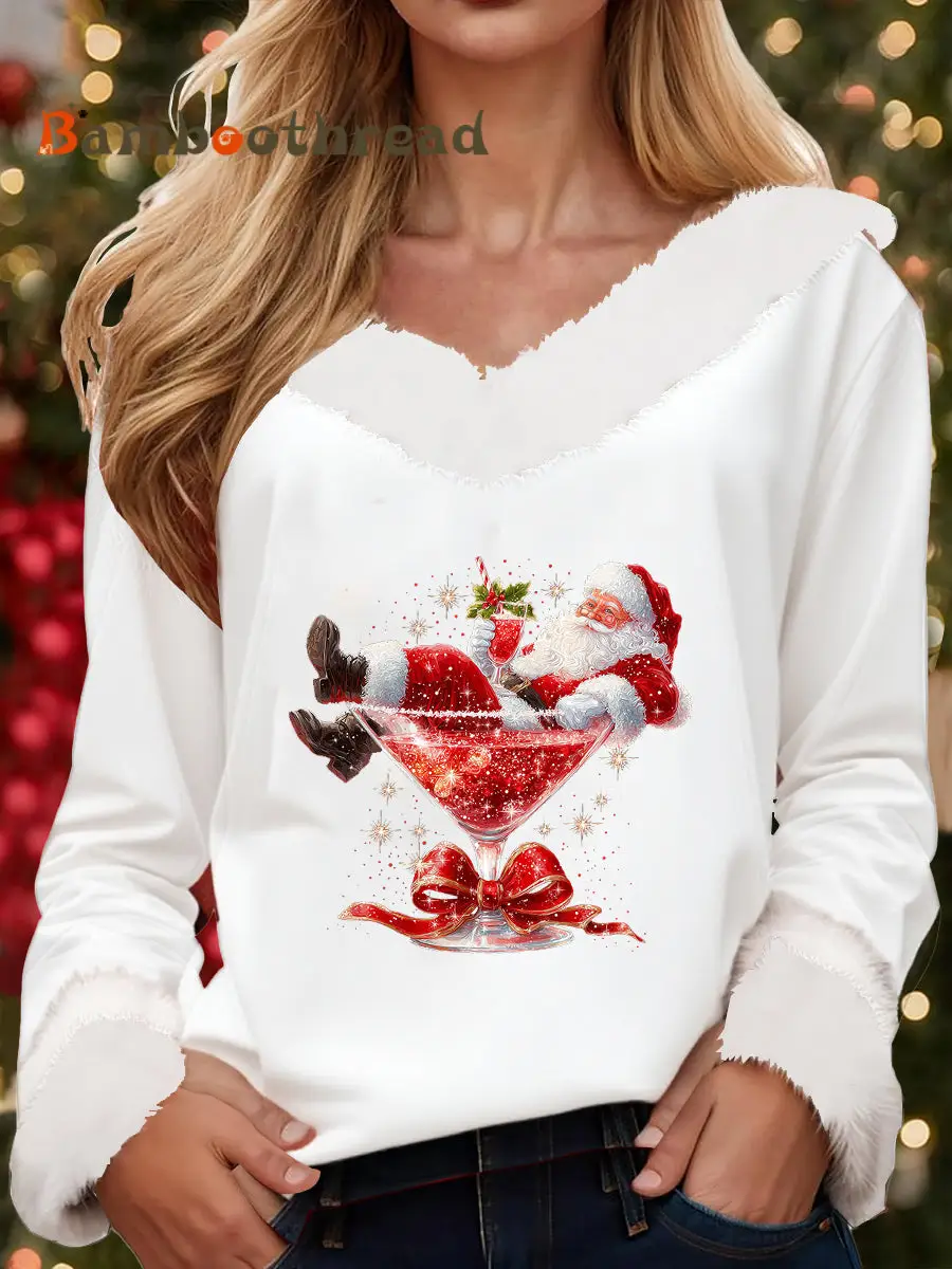 Women's Santa Claus sitting on a red wine glass with a printed fur collar top - Image 4