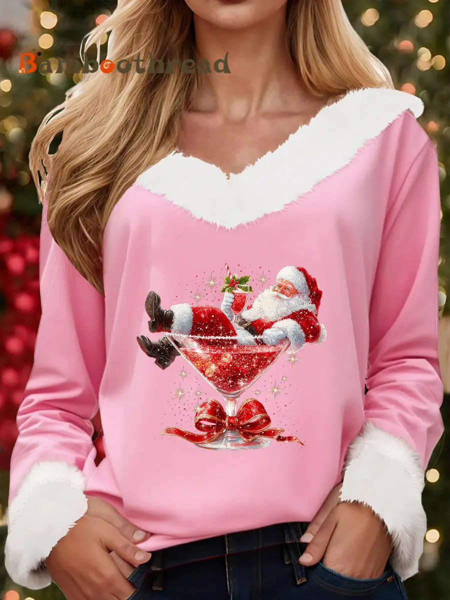 Women's Santa Claus sitting on a red wine glass with a printed fur collar top - Image 5