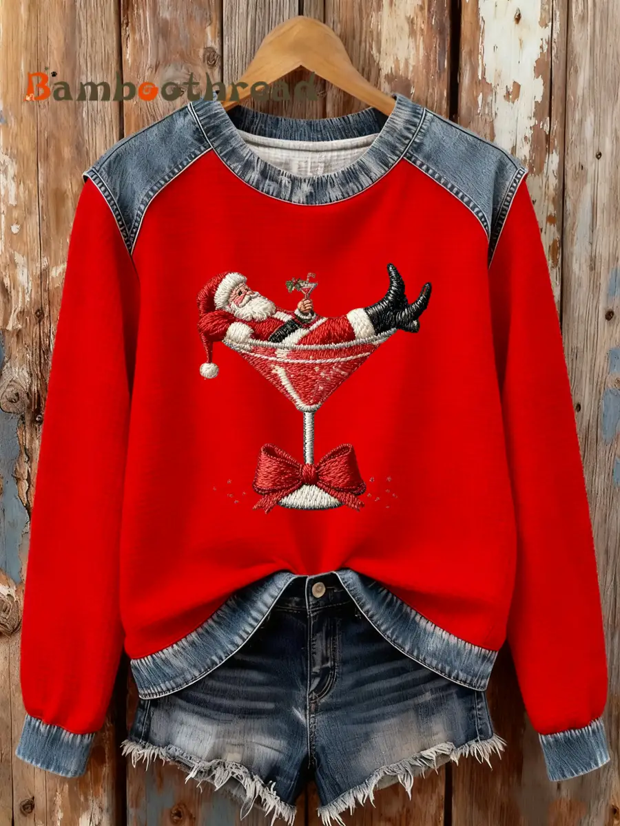 Women's Santa Claus sitting on a wine glass Print waffle Sweatshirt