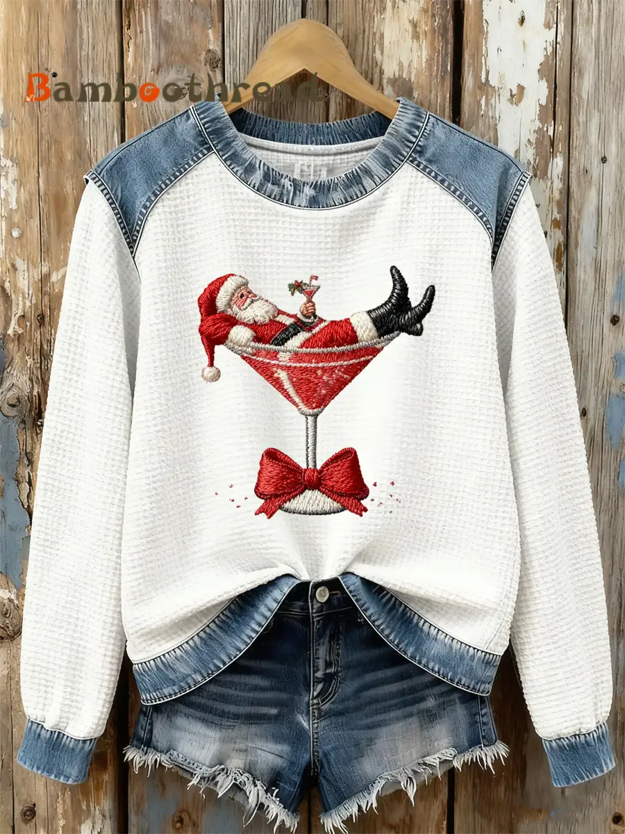 Women's Santa Claus sitting on a wine glass Print waffle Sweatshirt - Image 2