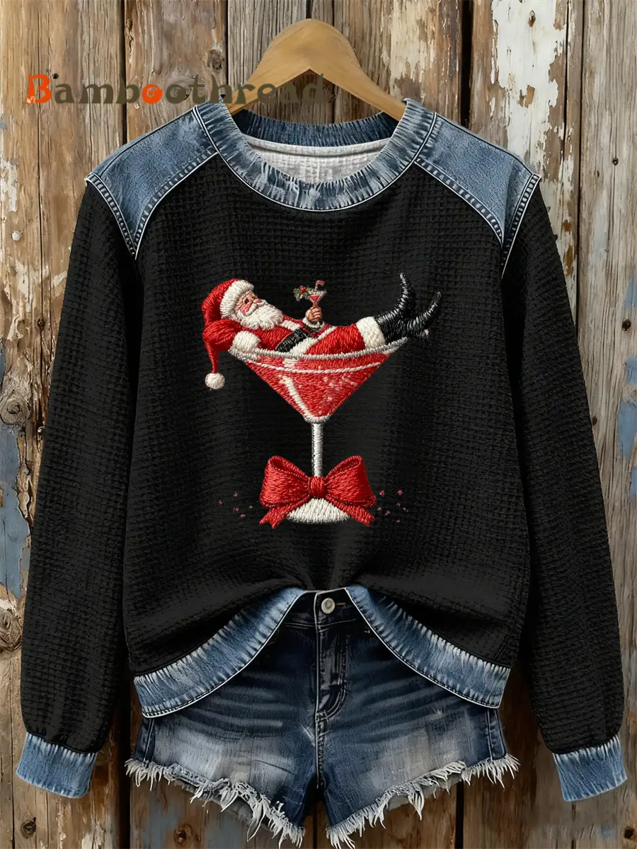 Women's Santa Claus sitting on a wine glass Print waffle Sweatshirt - Image 3