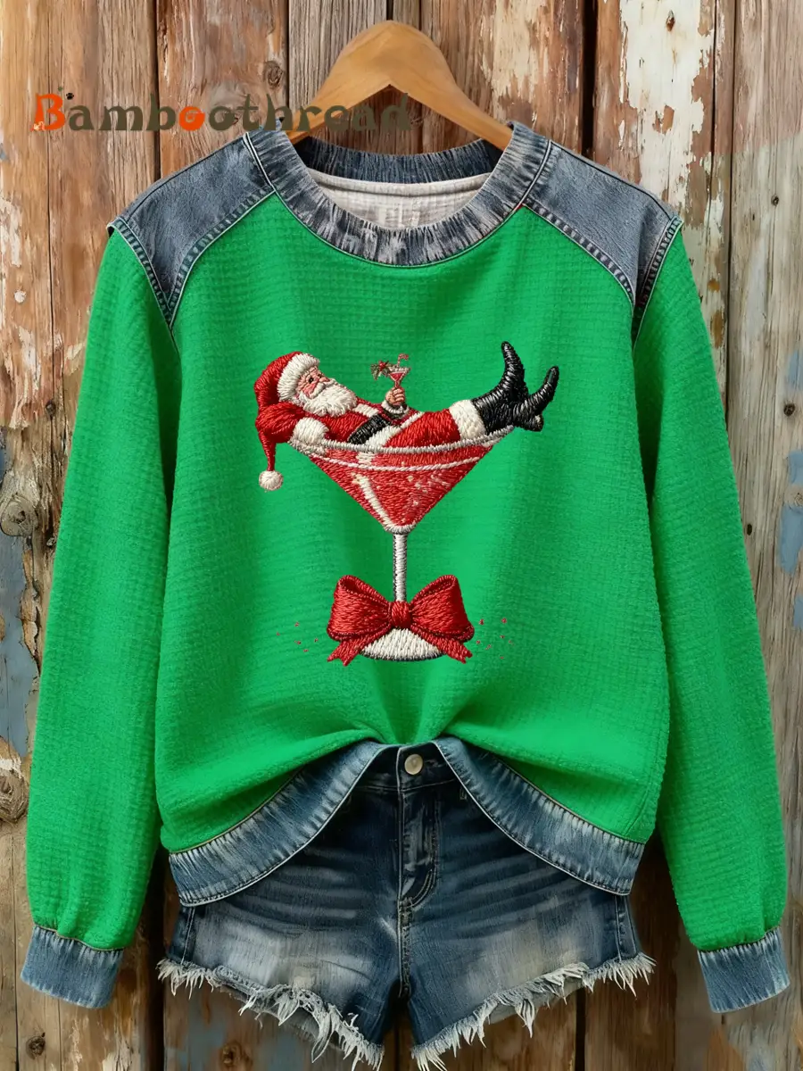 Women's Santa Claus sitting on a wine glass Print waffle Sweatshirt - Image 4