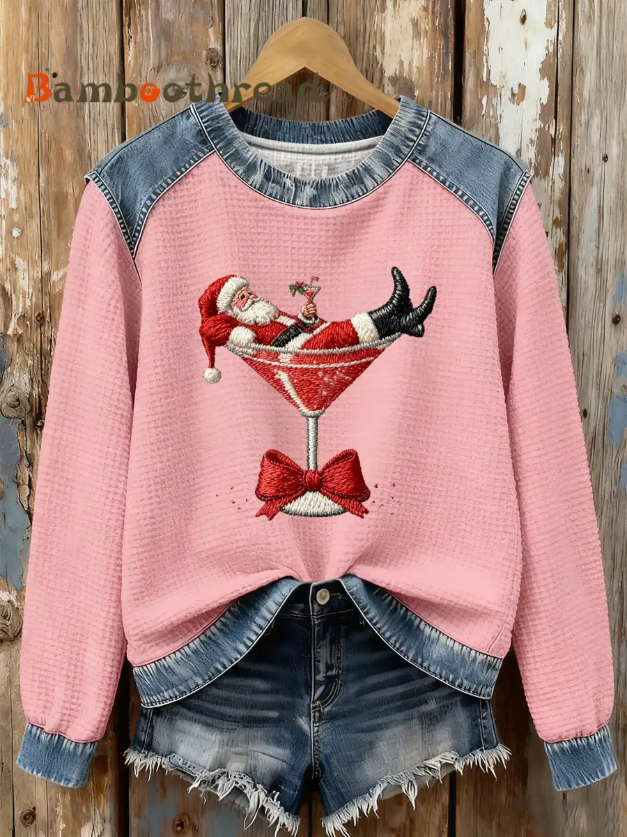 Women's Santa Claus sitting on a wine glass Print waffle Sweatshirt - Image 5
