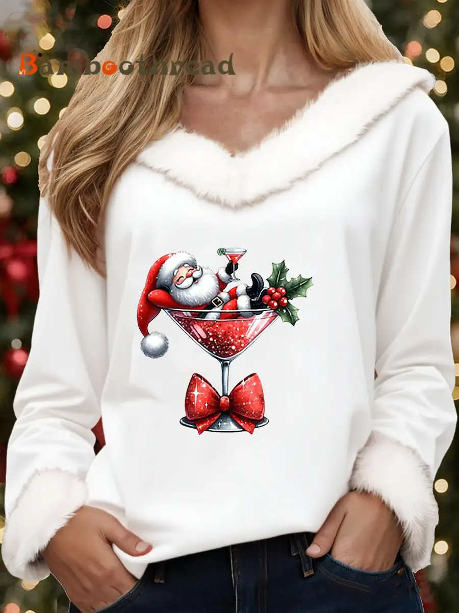 Women's  Santa Claus sitting on a wine glass Printed Tops - Image 3