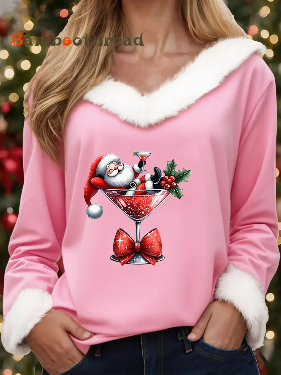 Women's  Santa Claus sitting on a wine glass Printed Tops - Image 5