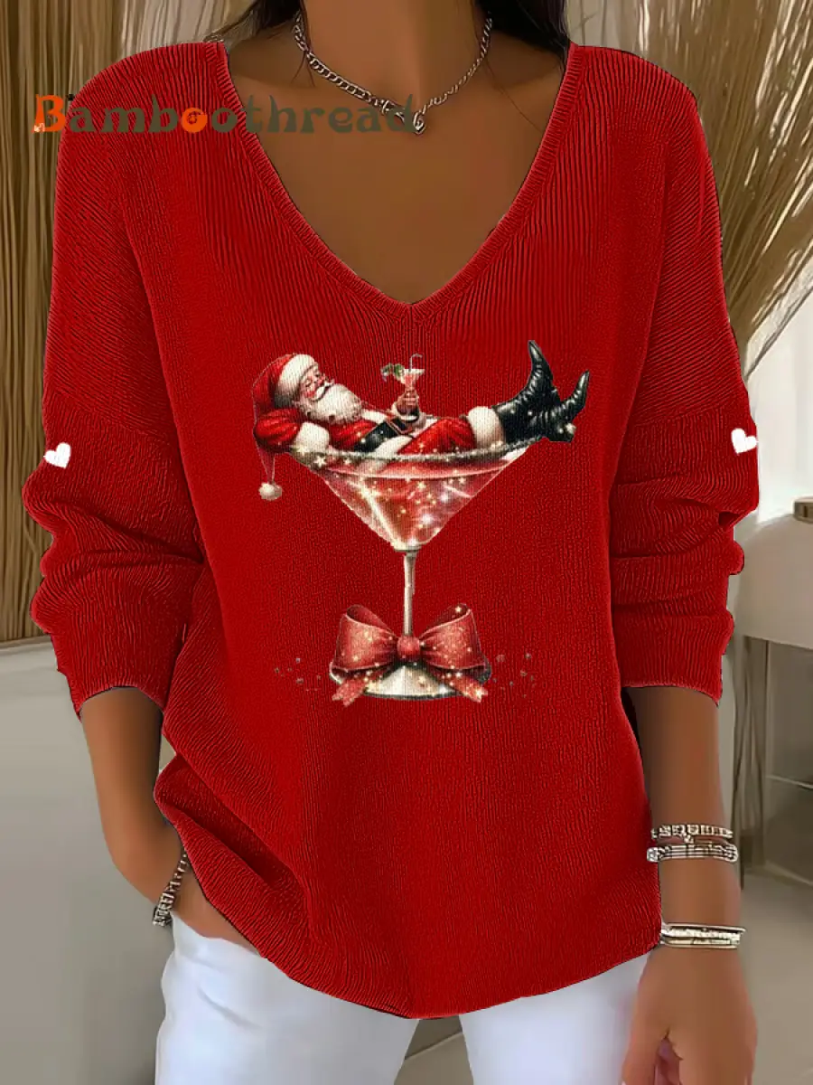Women's  Santa Claus sitting on a wine glass V-Neck Ribbed Top - Image 2