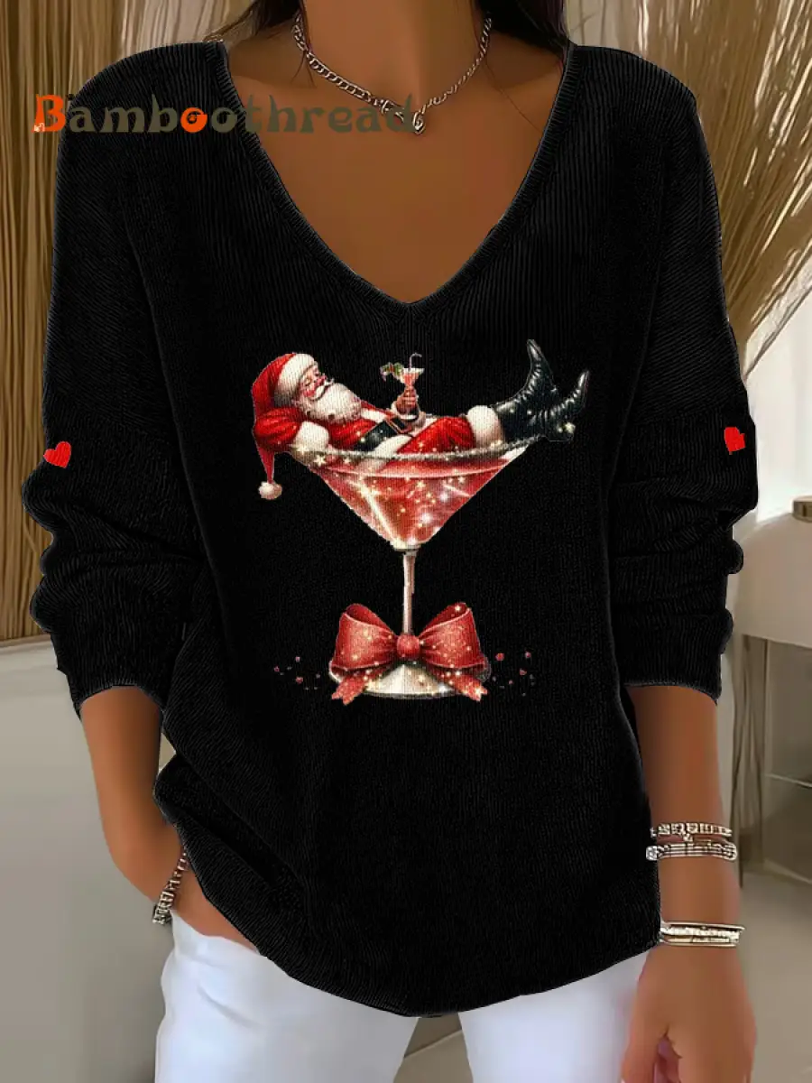 Women's  Santa Claus sitting on a wine glass V-Neck Ribbed Top - Image 3