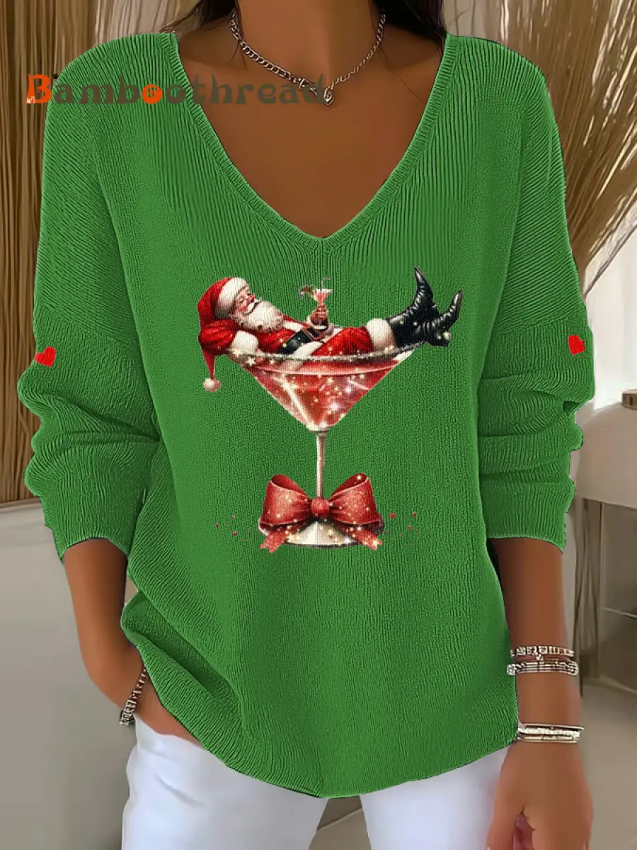 Women's  Santa Claus sitting on a wine glass V-Neck Ribbed Top - Image 4