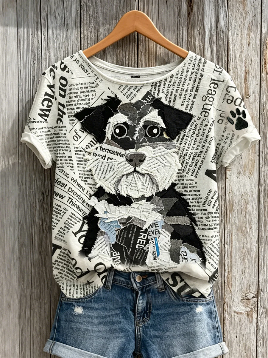 Women's Schnauzer Dog & Paw Print Newspaper Patchwork Art Print short-sleeved T-shirt